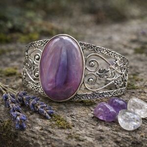 925 Sterling Silver Botswana Agate Cuff Bracelet Purple Floral Statement Boho